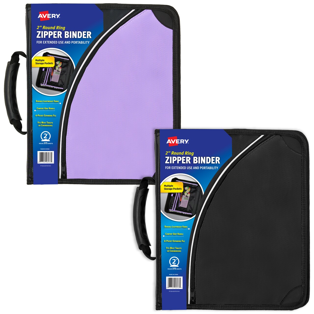 Avery Zipper 3 Ring Binder, 2" Round Rings, 375-Sheet Capacity, 2.8-Inch Wide Spine, Available in Purple or Black Binder, Color Received Will Vary (26076)